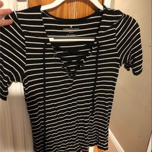 Striped short sleeve top with threaded chest